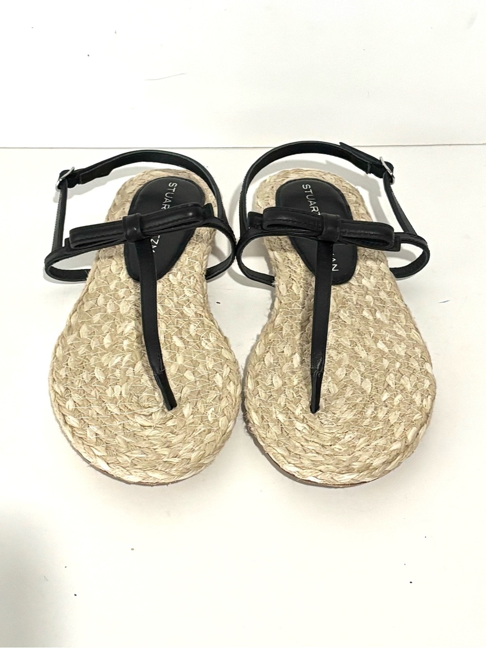 Stuart Weitzman Black Leather Bow Espadrille Thong Sandals Size 8.5
